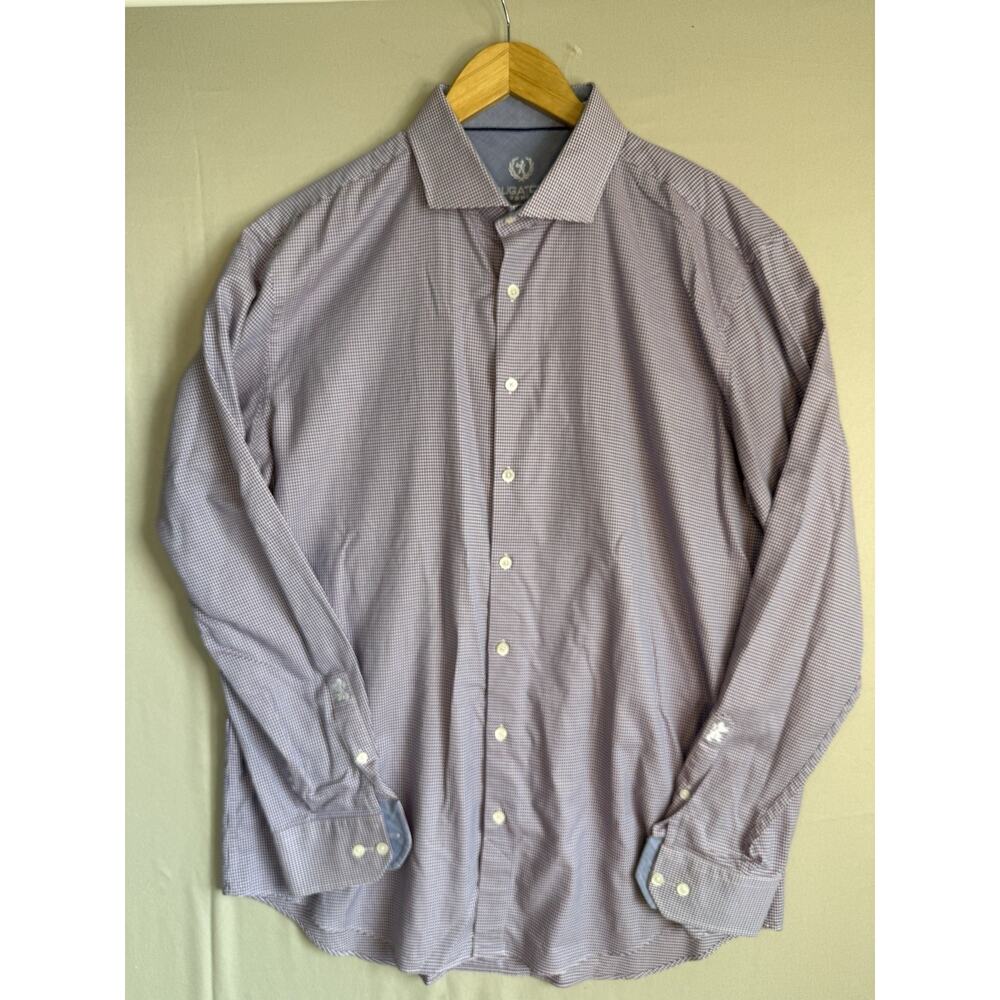 Bugatchi Uomo Dress Shirt 18 36/37 Purple Micro Check Cotton Button Up